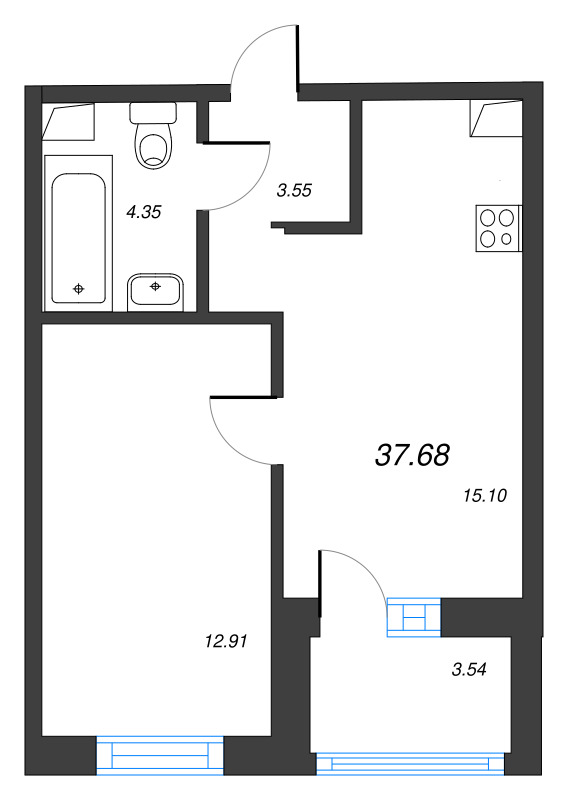 2-комнатная (Евро) квартира, 37.68 м² в ЖК "Тишин" - планировка, фото №1