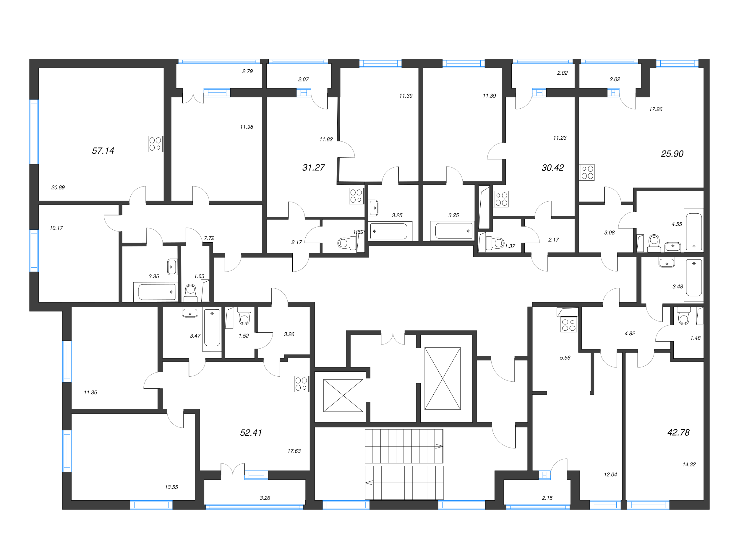 3-комнатная (Евро) квартира, 52.41 м² - планировка этажа