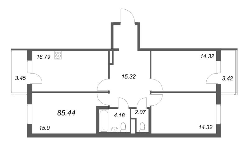 4-комнатная (Евро) квартира, 85.44 м² в ЖК "Новая история" - планировка, фото №1