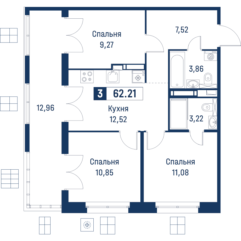 3-комнатная квартира, 62.21 м² в ЖК "Символист" - планировка, фото №1