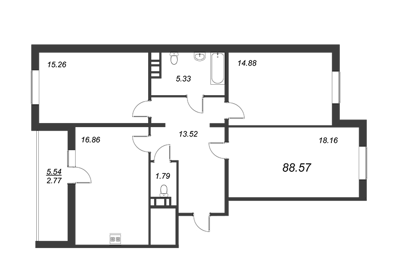 3-комнатная квартира, 88.57 м² в ЖК "IQ Гатчина" - планировка, фото №1