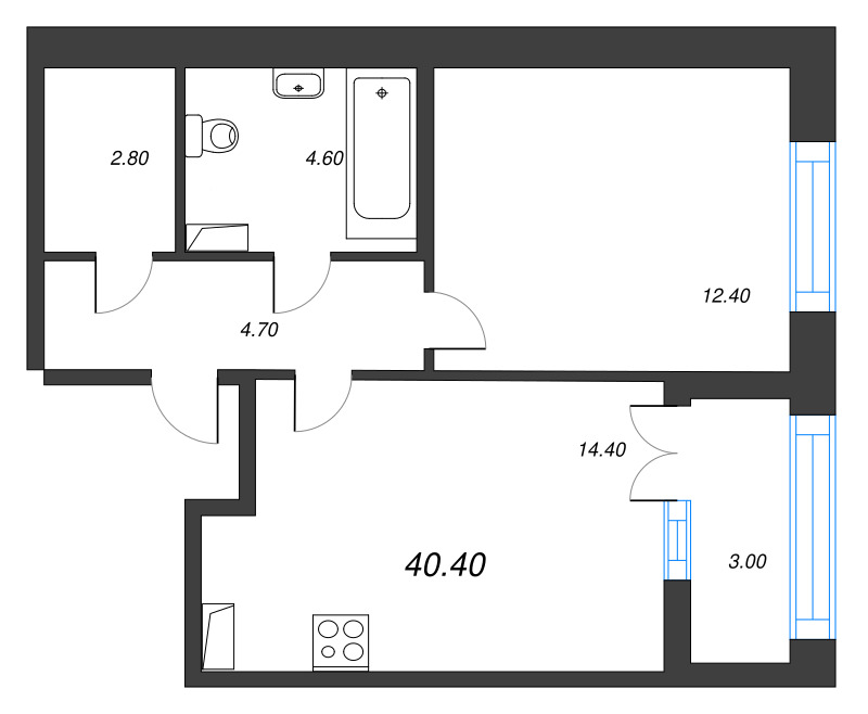 1-комнатная квартира, 40.4 м² в ЖК "NewПитер 2.0" - планировка, фото №1
