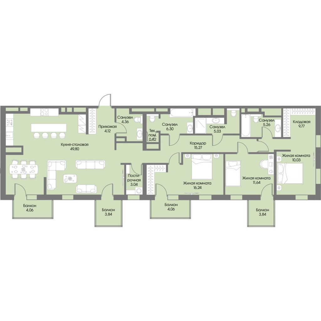 4-комнатная (Евро) квартира, 146.42 м² в ЖК "Рощино Residence" - планировка, фото №1