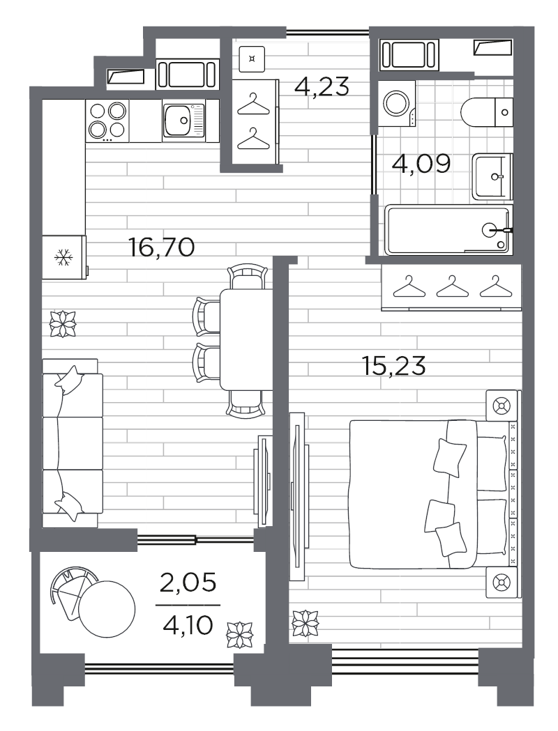 2-комнатная (Евро) квартира, 42.3 м² в ЖК "Ассамблея" - планировка, фото №1