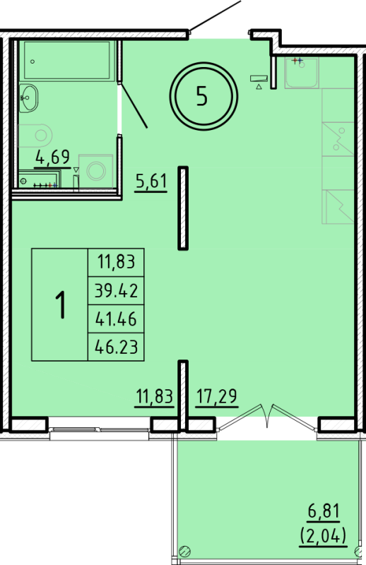 2-комнатная (Евро) квартира, 39.42 м² в ЖК "Образцовый квартал 16" - планировка, фото №1