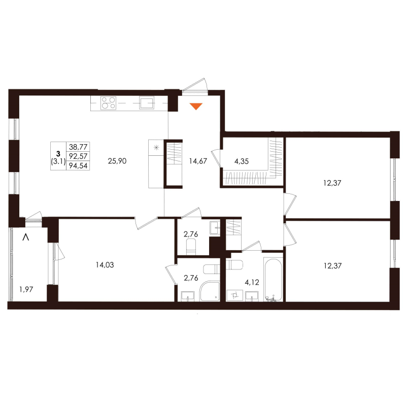 4-комнатная (Евро) квартира, 94.54 м² - планировка, фото №1