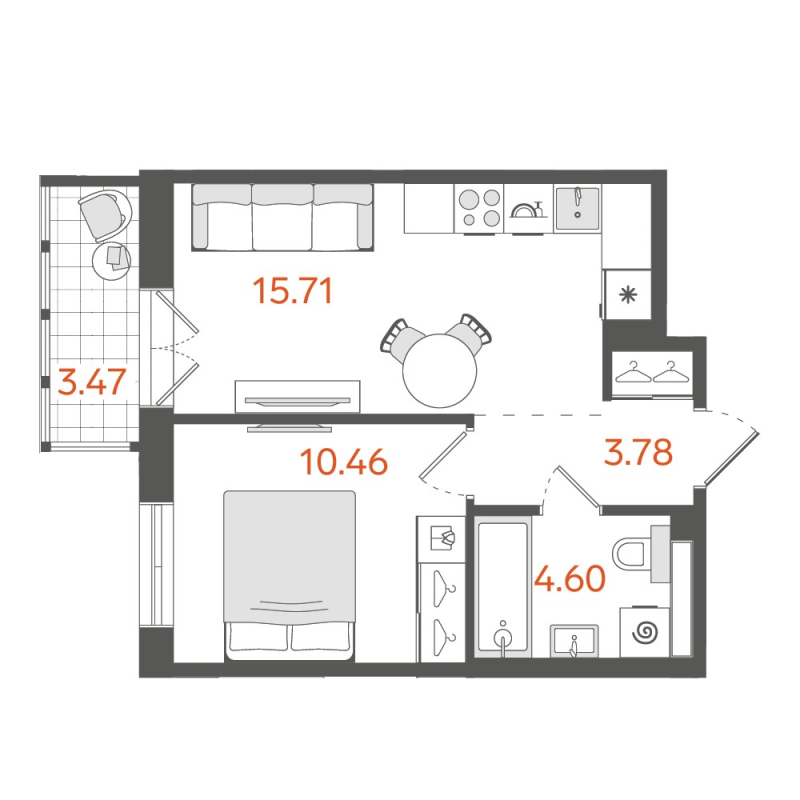2-комнатная (Евро) квартира, 35.5 м² в ЖК "STAVNI Обводный" - планировка, фото №1
