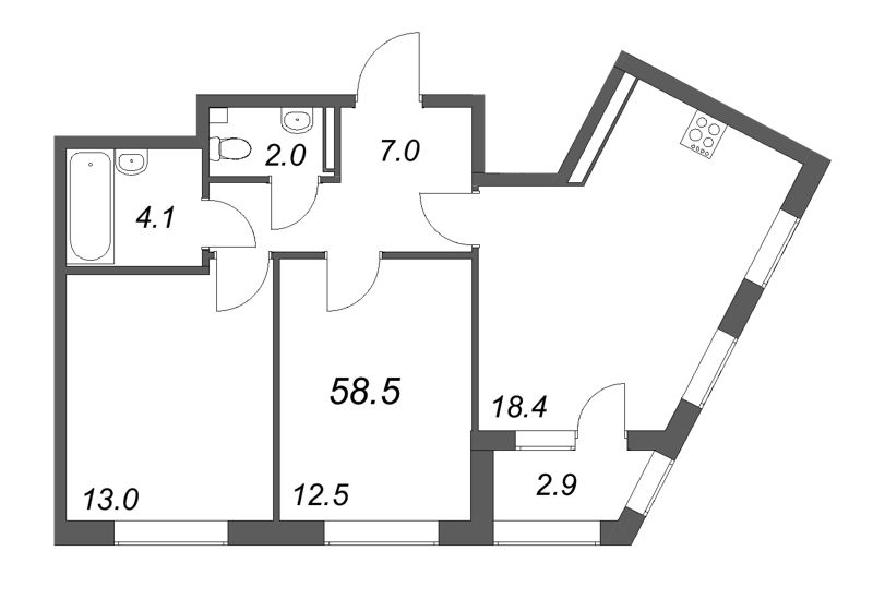 3-комнатная (Евро) квартира, 58.5 м² - планировка, фото №1