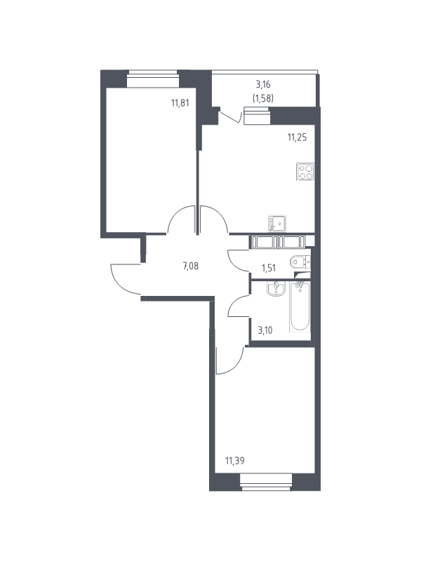 2-комнатная квартира, 47.72 м² - планировка, фото №1