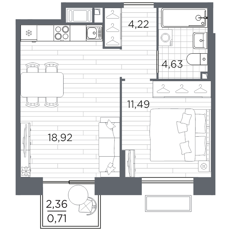 2-комнатная (Евро) квартира, 39.97 м² в ЖК "Respect" - планировка, фото №1