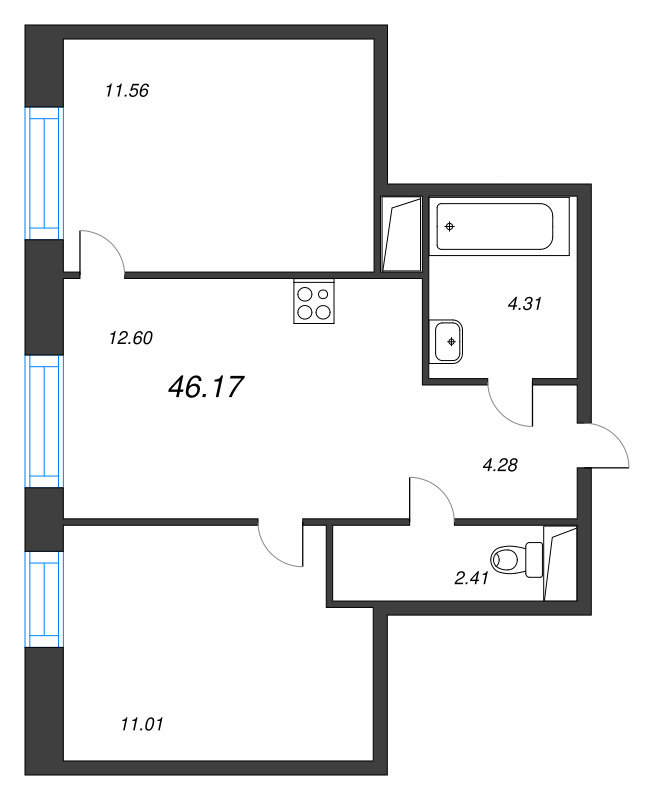 2-комнатная квартира, 46.17 м² - планировка, фото №1