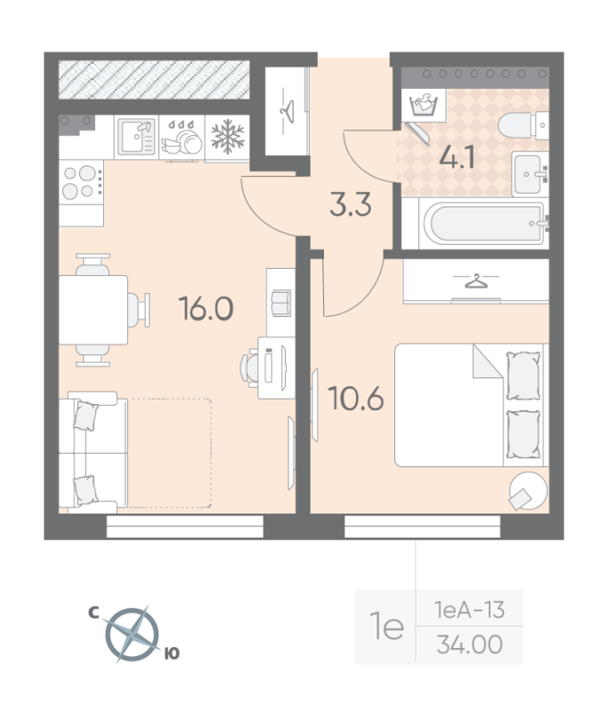 2-комнатная (Евро) квартира, 34 м² в ЖК "Пулково Lake" - планировка, фото №1