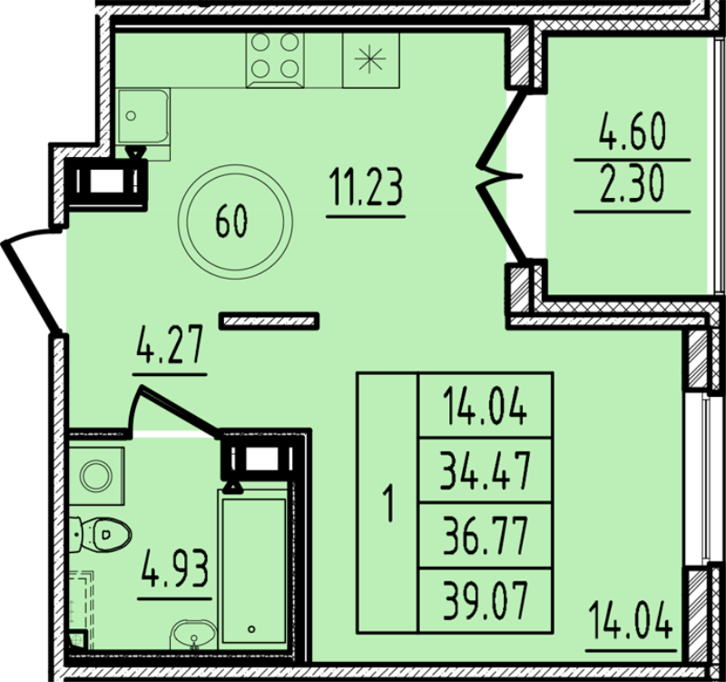 1-комнатная квартира, 34.47 м² в ЖК "Образцовый квартал 14" - планировка, фото №1