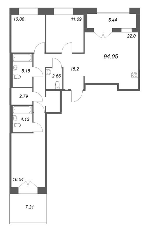 4-комнатная (Евро) квартира, 94.05 м² - планировка, фото №1