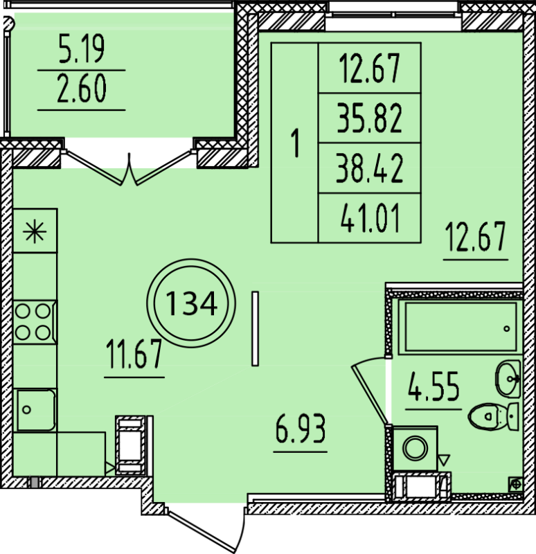 1-комнатная квартира, 35.82 м² в ЖК "Образцовый квартал 14" - планировка, фото №1