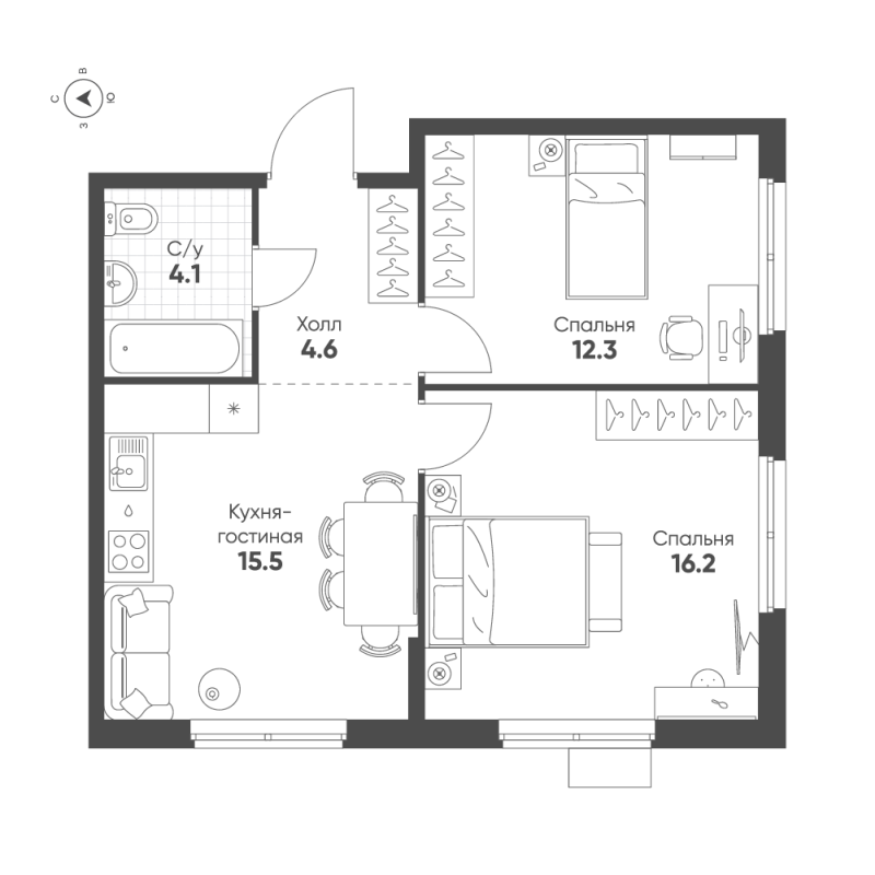 3-комнатная (Евро) квартира, 52.7 м² в ЖК "Ягодное Река Парк" - планировка, фото №1
