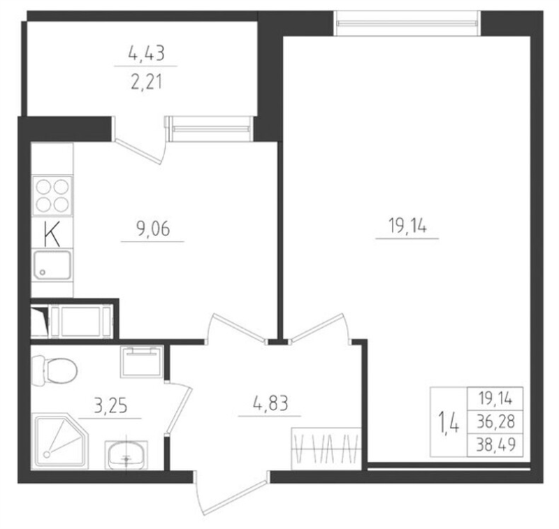 1-комнатная квартира, 38.49 м² в ЖК "Новикола" - планировка, фото №1