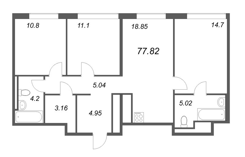 4-комнатная (Евро) квартира, 77.82 м² - планировка, фото №1