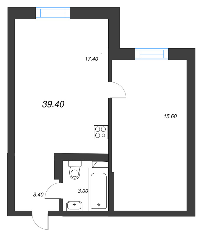 2-комнатная (Евро) квартира, 39.4 м² в ЖК "Эко Квартал Нега" - планировка, фото №1