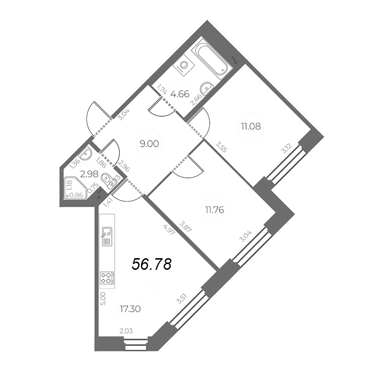 3-комнатная (Евро) квартира, 56.78 м² - планировка, фото №1