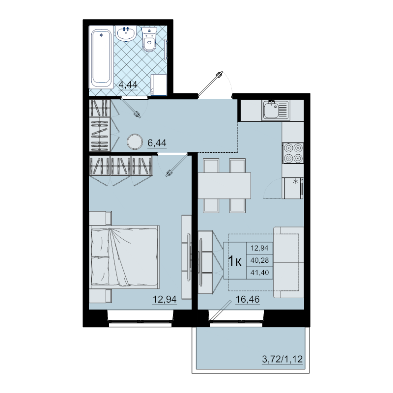 2-комнатная (Евро) квартира, 41.4 м² - планировка, фото №1