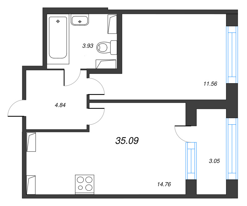 2-комнатная (Евро) квартира, 35.09 м² - планировка, фото №1