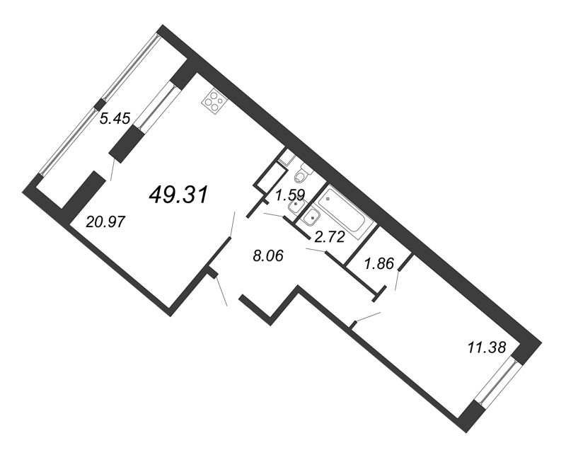 2-комнатная (Евро) квартира, 49.31 м² в ЖК "Modum" - планировка, фото №1