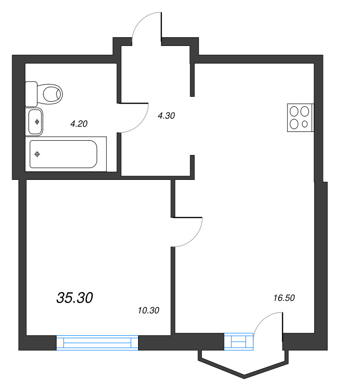 2-комнатная (Евро) квартира, 35.3 м² в ЖК "Струны" - планировка, фото №1