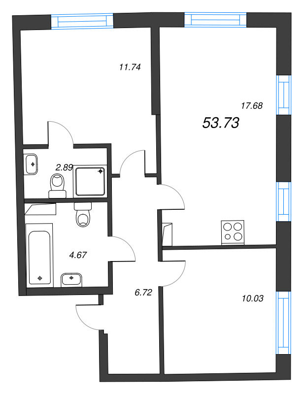 3-комнатная (Евро) квартира, 53.73 м² в ЖК "Бульвар Грина" - планировка, фото №1