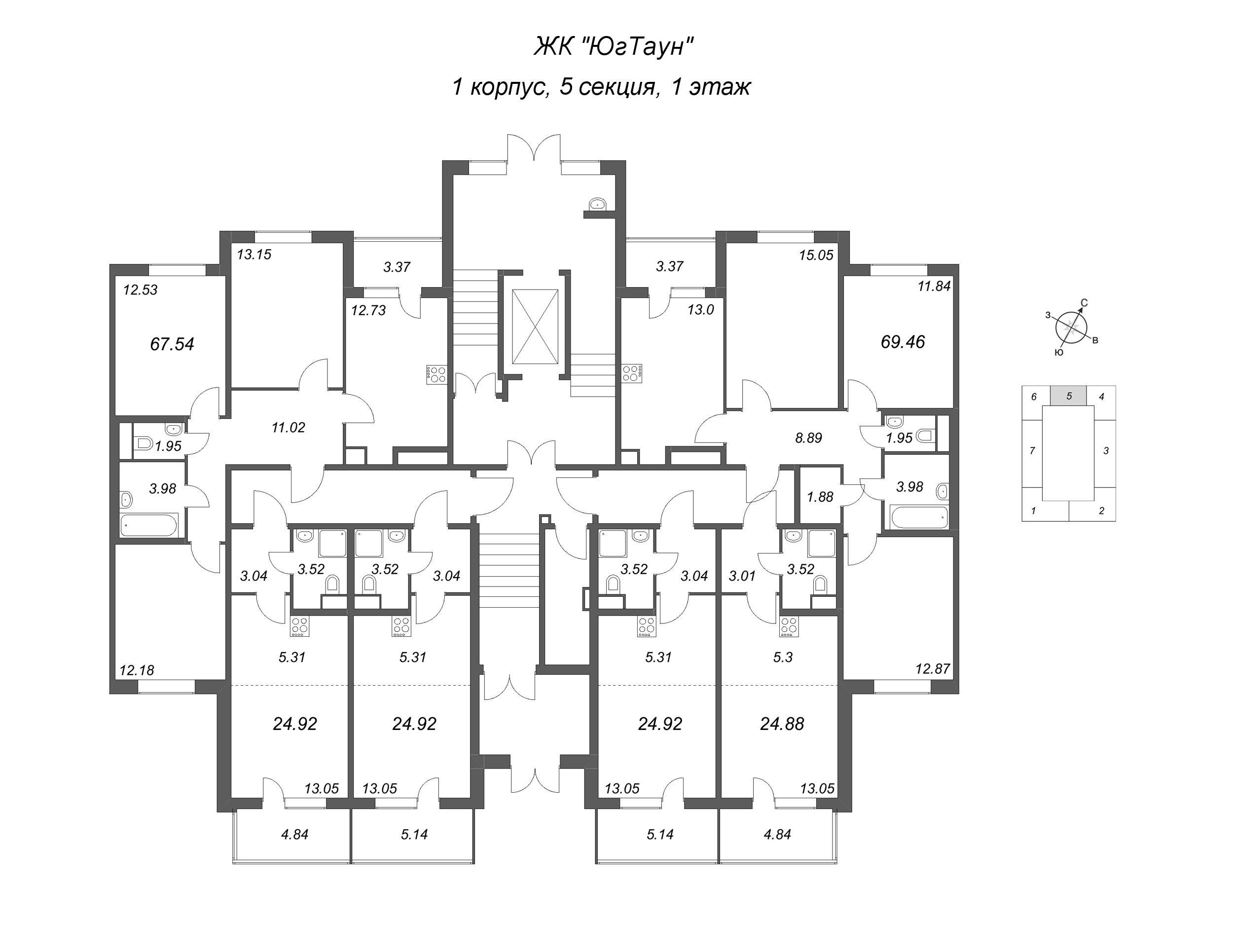 Квартира-студия, 24.88 м² в ЖК "ЮгТаун" - планировка этажа