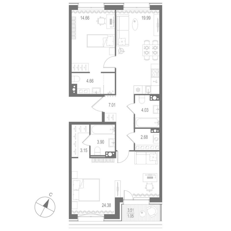 3-комнатная (Евро) квартира, 85.51 м² в ЖК "Остров Первых" - планировка, фото №1