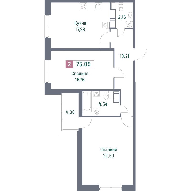 3-комнатная (Евро) квартира, 75.05 м² в ЖК "Фотограф" - планировка, фото №1