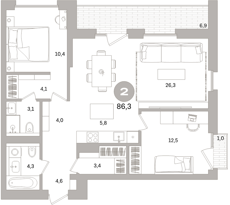 2-комнатная квартира, 86.3 м² в ЖК "Северный ветер" - планировка, фото №1