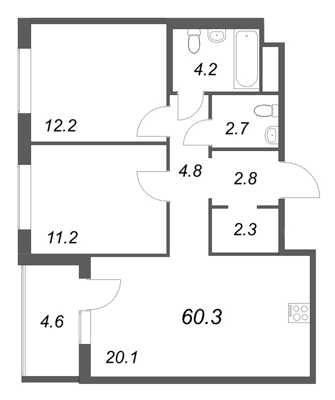 3-комнатная (Евро) квартира, 60.3 м² в ЖК "Передвижники" - планировка, фото №1