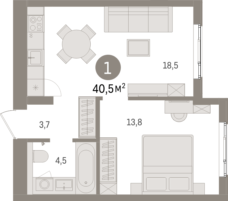 2-комнатная (Евро) квартира, 40.5 м² в ЖК "Брусника в Новоселье" - планировка, фото №1