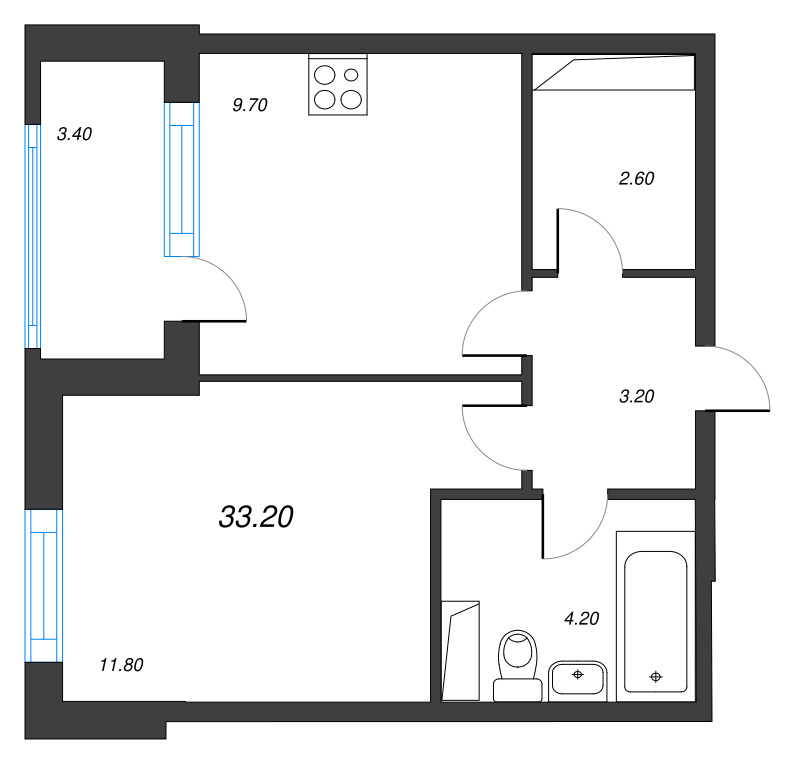 1-комнатная квартира, 33.2 м² - планировка, фото №1