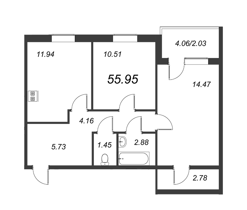 2-комнатная квартира, 53.92 м² - планировка, фото №1