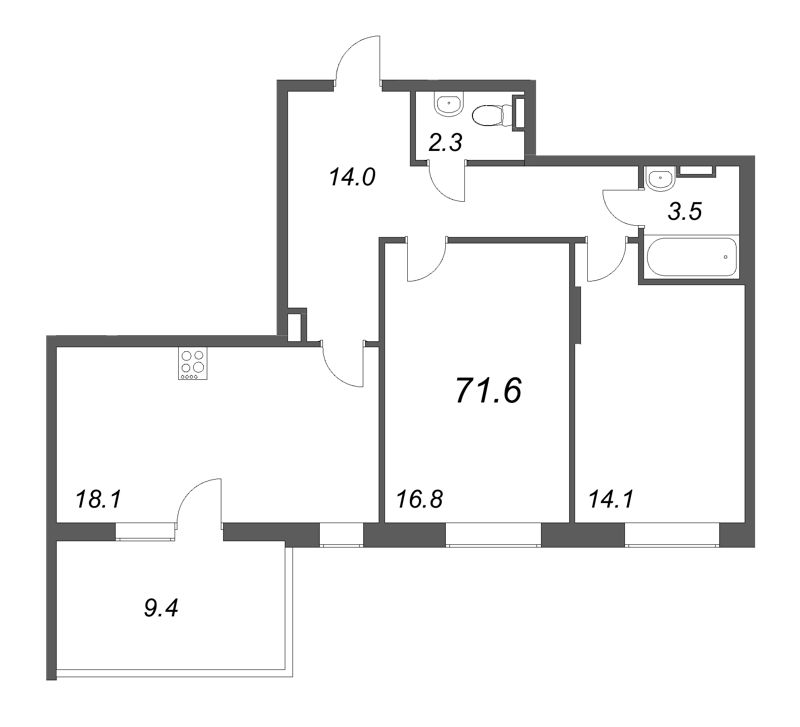 3-комнатная (Евро) квартира, 71.6 м² - планировка, фото №1