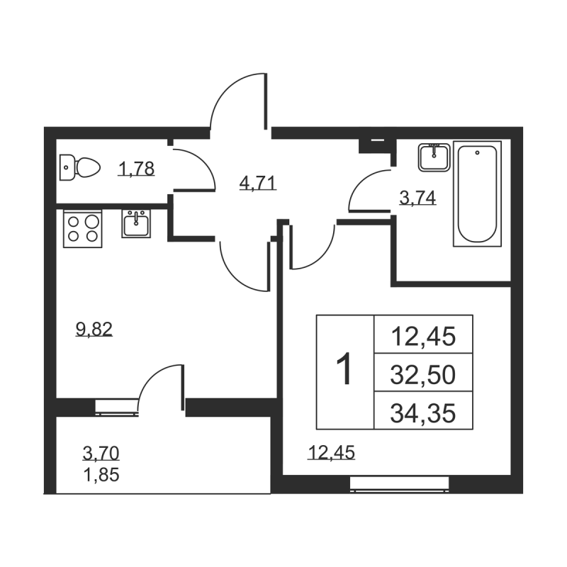 1-комнатная квартира, 34.35 м² в ЖК "Высота" - планировка, фото №1