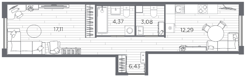 1-комнатная квартира, 43.28 м² в ЖК "PLUS Пулковский" - планировка, фото №1