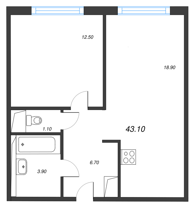 2-комнатная (Евро) квартира, 43.1 м² в ЖК "Руднева 15" - планировка, фото №1
