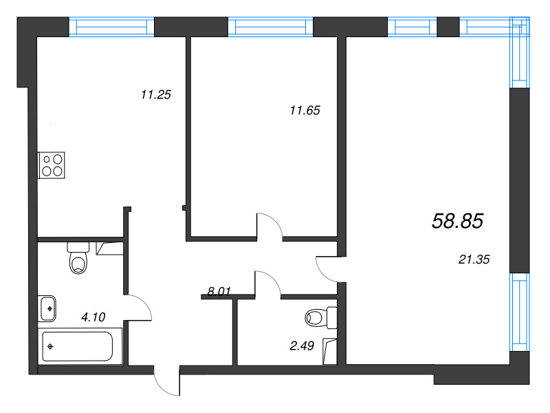 2-комнатная квартира, 58.85 м² в ЖК "Арт Парк" - планировка, фото №1