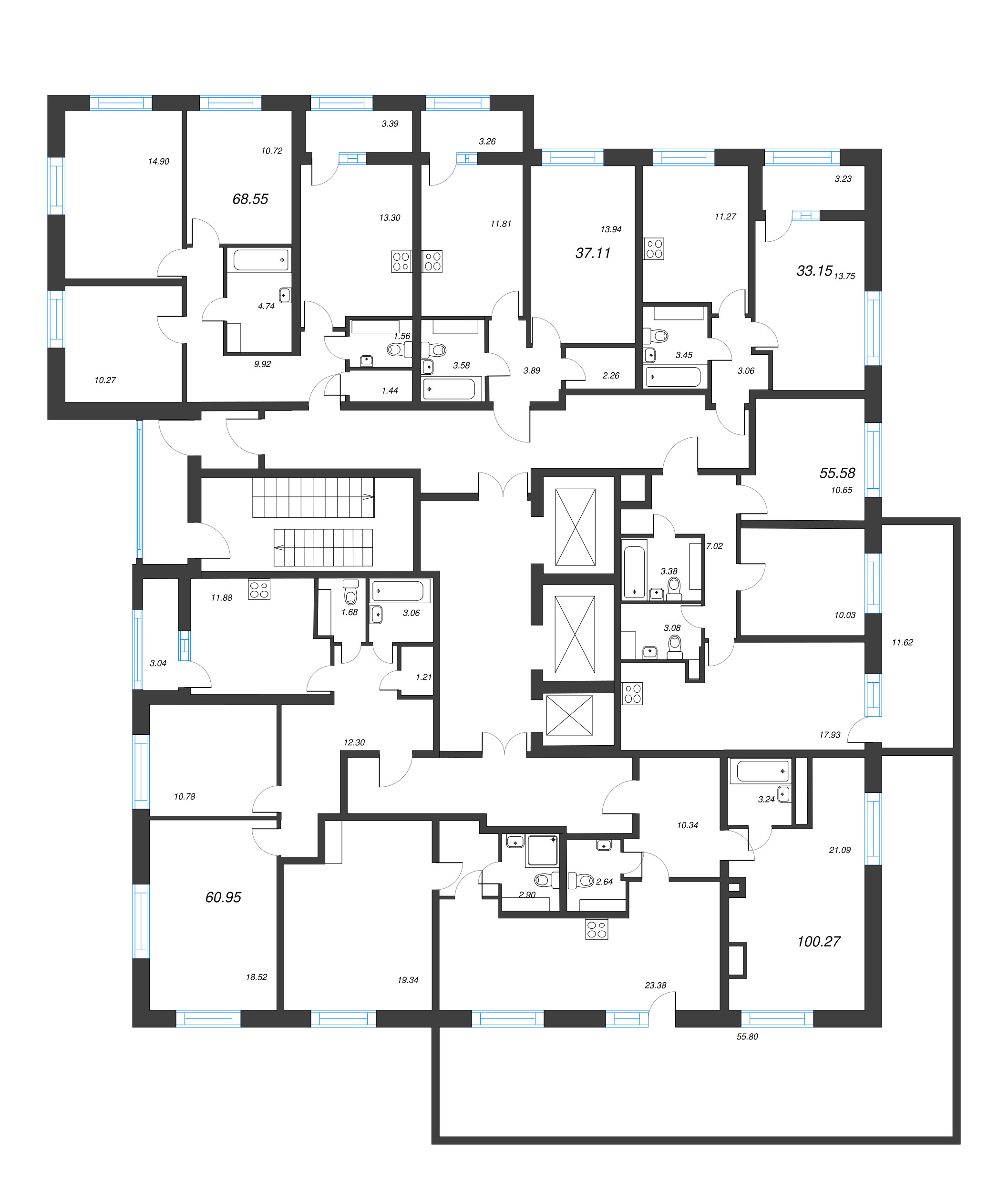 3-комнатная (Евро) квартира, 55.58 м² - планировка этажа