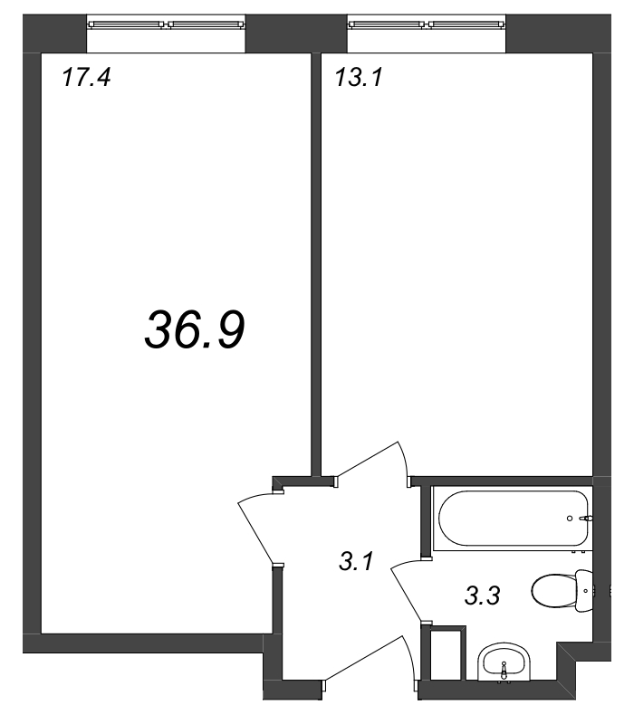 2-комнатная (Евро) квартира, 37.41 м² в ЖК "Zoom на Неве" - планировка, фото №1
