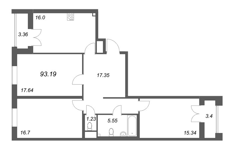 3-комнатная квартира, 93.19 м² - планировка, фото №1