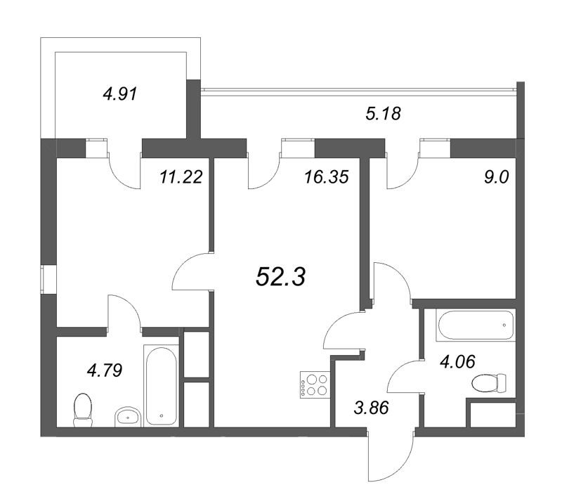 3-комнатная (Евро) квартира, 52.3 м² в ЖК "Южный форт" - планировка, фото №1