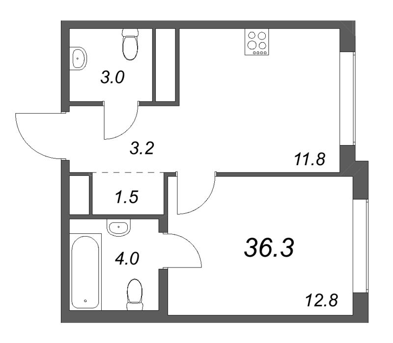 1-комнатная квартира, 36.3 м² - планировка, фото №1