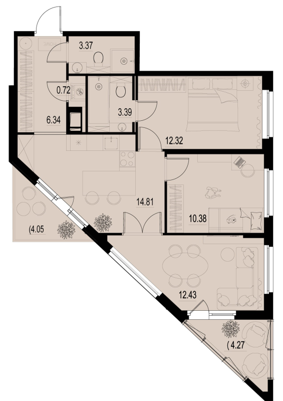 3-комнатная квартира, 66.25 м² в ЖК "ID Murino III" - планировка, фото №1