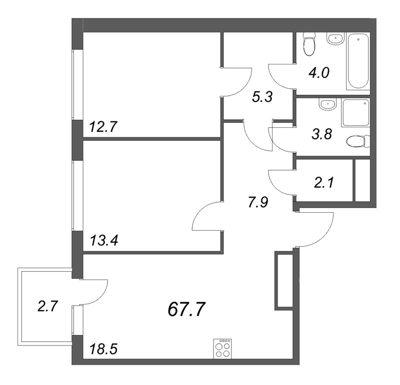 3-комнатная (Евро) квартира, 67.7 м² в ЖК "Гений" - планировка, фото №1