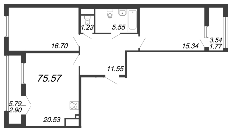 3-комнатная (Евро) квартира, 75.57 м² - планировка, фото №1